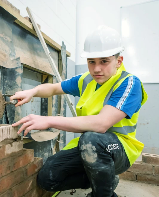 A brickwork student wearing a safety helmet and high-visibility vest crouching down to carefully apply mortar to bricks using a trowel during practical training. A brickwork student wearing a safety helmet and high-visibility vest crouching down to carefully apply mortar to bricks using a trowel during practical training.